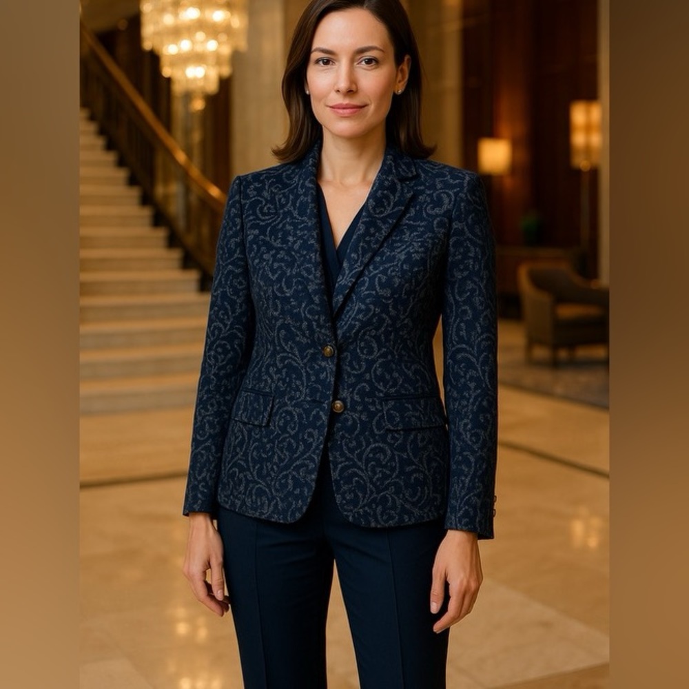 CAbi Jacquard Blazer Navy Blue Wool size 6